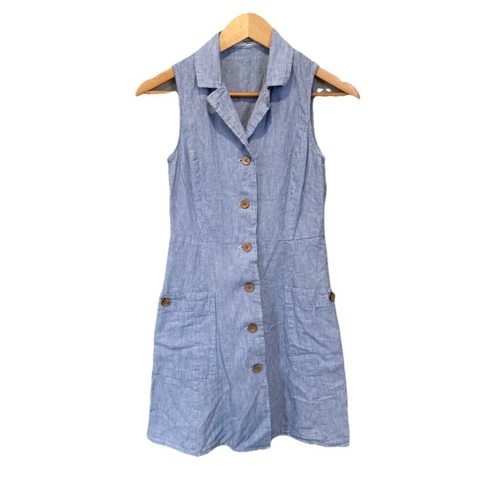 Mango Dress Blue Xxs Sleeveless 100% Cotton V-Neck Striped Nautical Summer